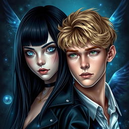 A stunning cover featuring a teenage girl with sleek black hair and striking light blue eyes that resemble clear water, exuding a demonic beauty