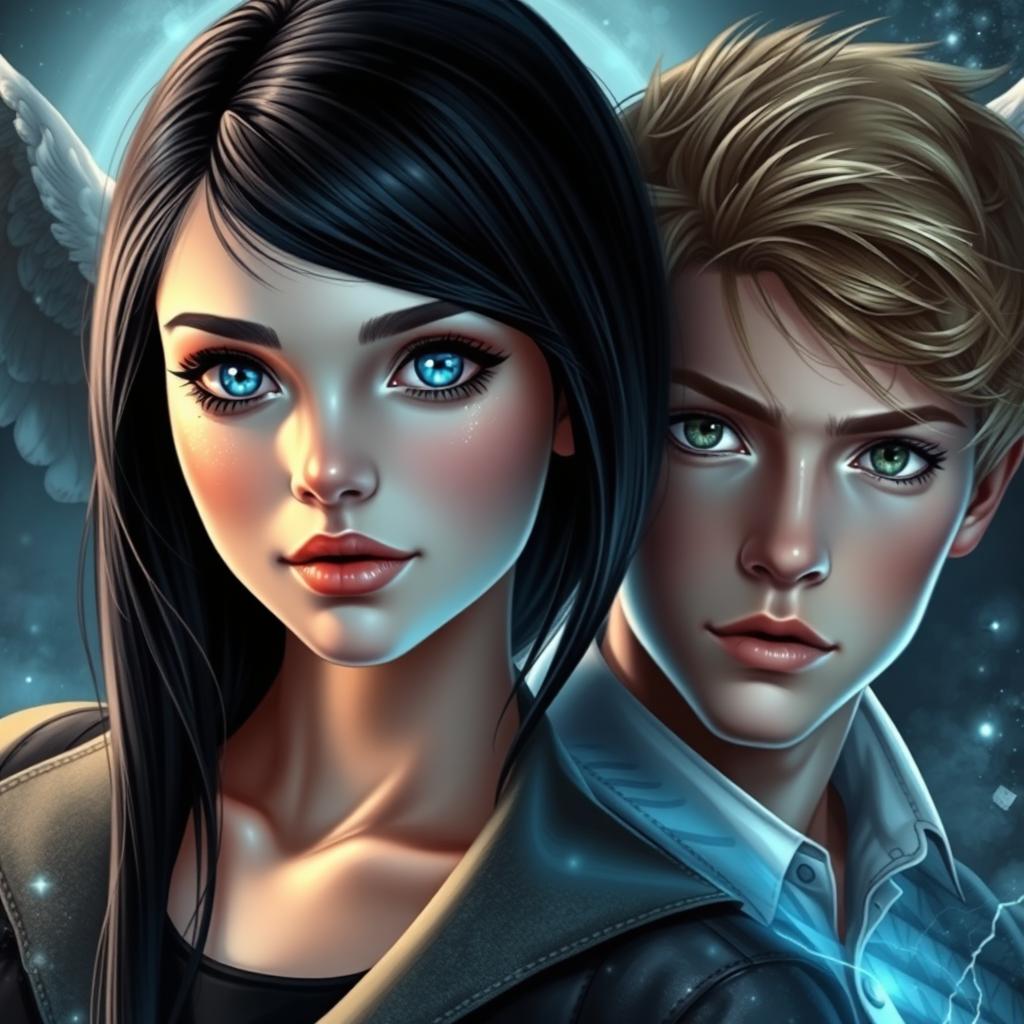 A stunning cover featuring a teenage girl with sleek black hair and striking light blue eyes that resemble clear water, exuding a demonic beauty