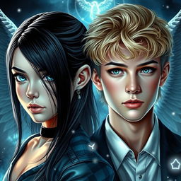 A stunning cover featuring a teenage girl with sleek black hair and striking light blue eyes that resemble clear water, exuding a demonic beauty