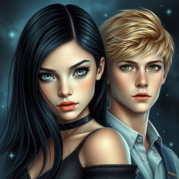 A stunning cover featuring a teenage girl with sleek black hair and striking light blue eyes that resemble clear water, exuding a demonic beauty