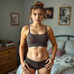 A full body portrait of a 20-year-old Irish babysitter with a baby-faced appearance