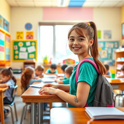 A vibrant school scene featuring a cheerful girl in a colorful classroom