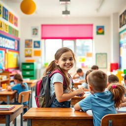 A vibrant school scene featuring a cheerful girl in a colorful classroom
