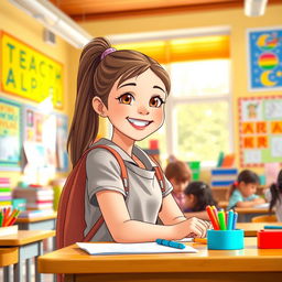 A vibrant school scene featuring a cheerful girl in a colorful classroom