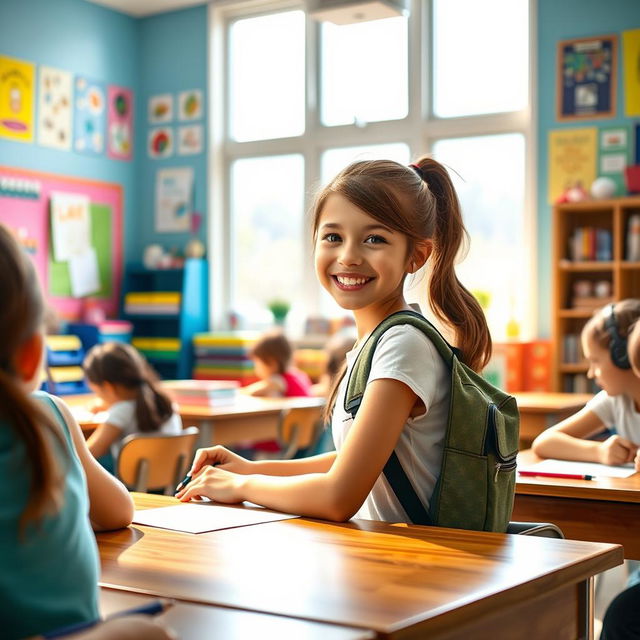 A vibrant school scene featuring a cheerful girl in a colorful classroom