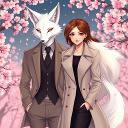 An enchanting illustration of a couple, featuring a white kitsune in male human form alongside a beautiful brunette European woman
