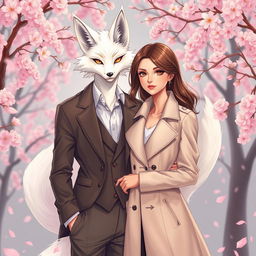An enchanting illustration of a couple, featuring a white kitsune in male human form alongside a beautiful brunette European woman