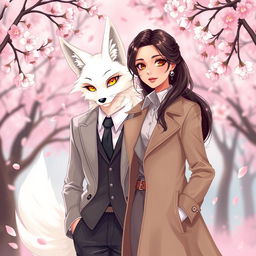 An enchanting illustration of a couple, featuring a white kitsune in male human form alongside a beautiful brunette European woman