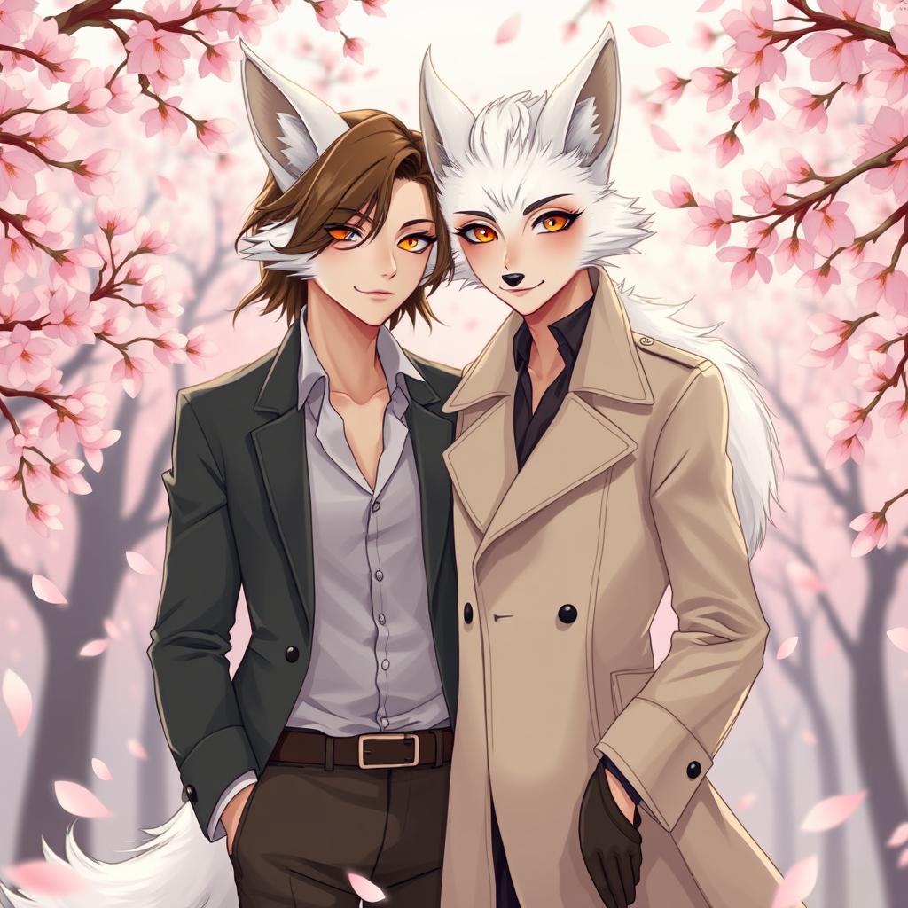 An enchanting illustration of a couple, featuring a white kitsune in male human form alongside a beautiful brunette European woman