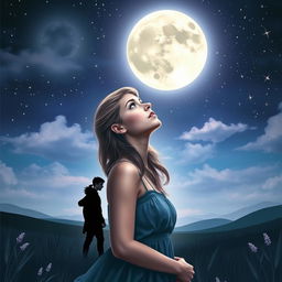 A romantic yet mysterious book cover featuring a young woman gazing longingly at the moon, her expression filled with wonder and intrigue