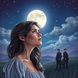 A romantic yet mysterious book cover featuring a young woman gazing longingly at the moon, her expression filled with wonder and intrigue
