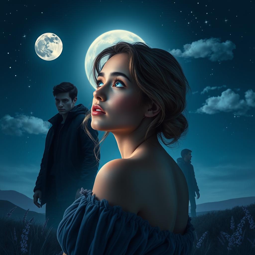 A romantic yet mysterious book cover featuring a young woman gazing longingly at the moon, her expression filled with wonder and intrigue