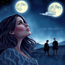 A romantic yet mysterious book cover featuring a young woman gazing longingly at the moon, her expression filled with wonder and intrigue