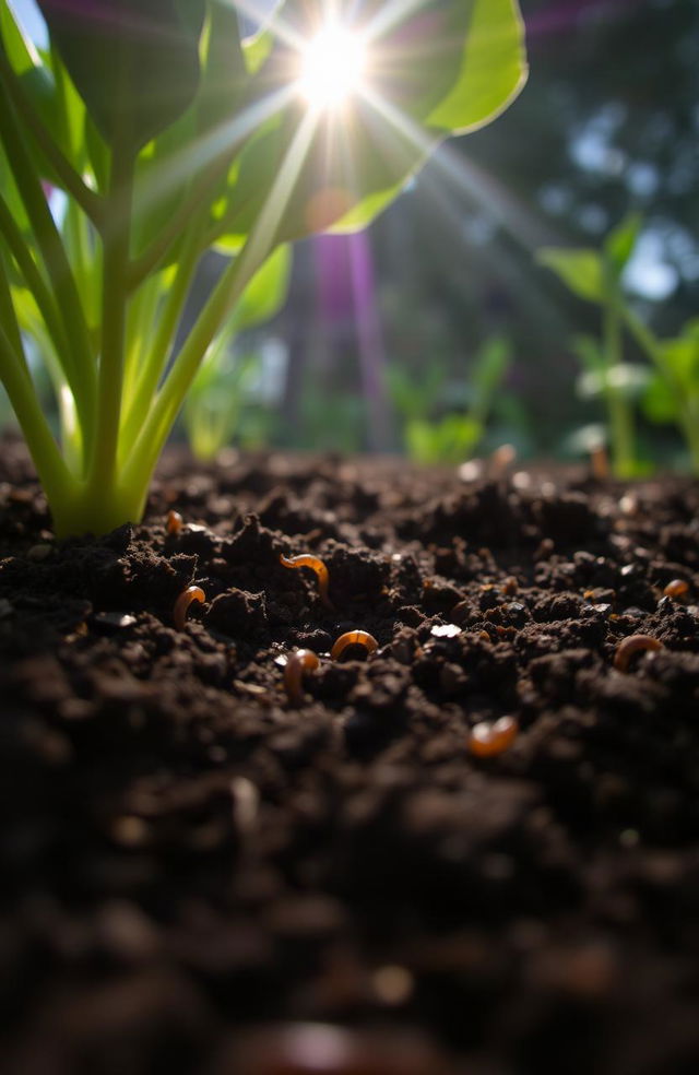 A close-up of rich, dark fertile soil, displaying its texture with tiny specks of organic matter and earthworms visible