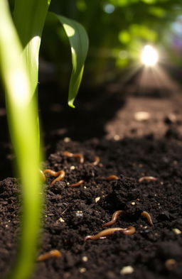 A close-up of rich, dark fertile soil, displaying its texture with tiny specks of organic matter and earthworms visible
