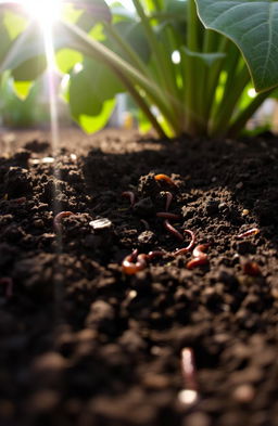 A close-up of rich, dark fertile soil, displaying its texture with tiny specks of organic matter and earthworms visible