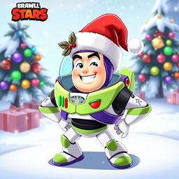 A vibrant and playful illustration of Buzz from Brawl Stars wearing a festive Christmas hat