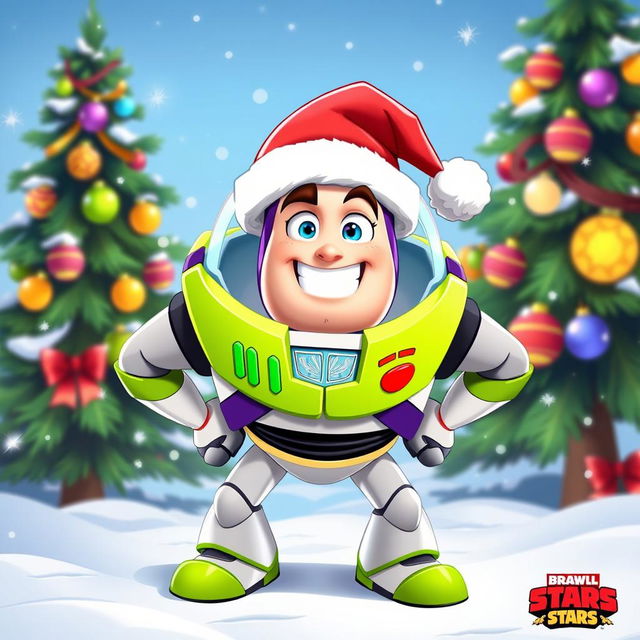 A vibrant and playful illustration of Buzz from Brawl Stars wearing a festive Christmas hat