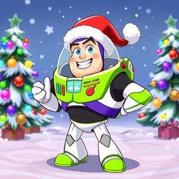 A vibrant and playful illustration of Buzz from Brawl Stars wearing a festive Christmas hat