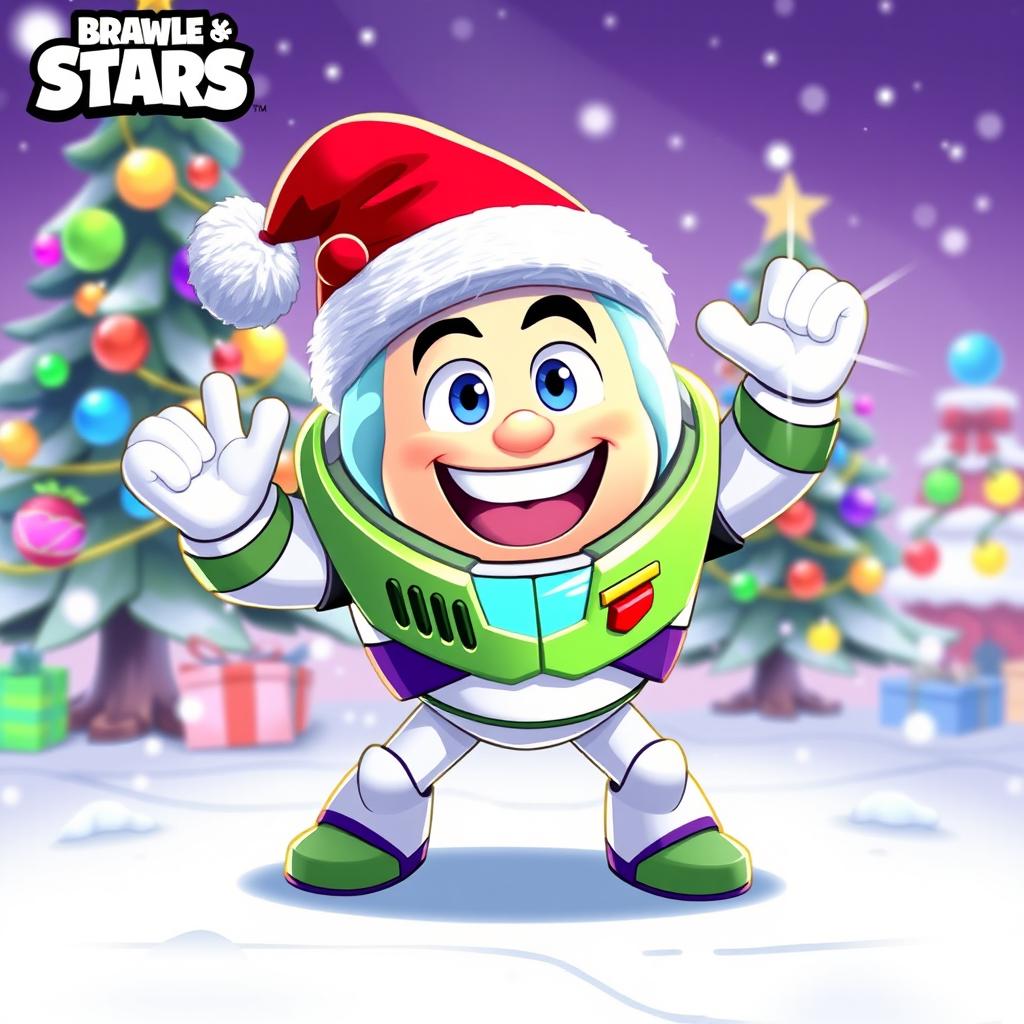 A vibrant and playful illustration of Buzz from Brawl Stars wearing a festive Christmas hat