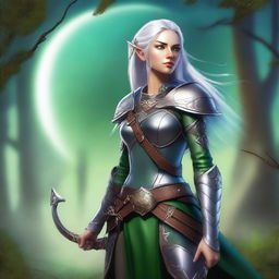 A high-quality digital art depicting a female moon elf ranger