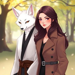An enchanting illustration of a couple standing together, featuring a white kitsune in male human form with striking fox-like features such as pointed ears and a sly smile