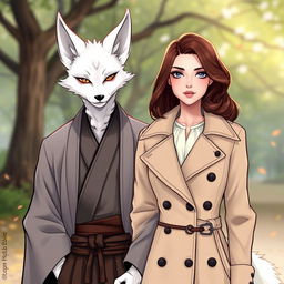 An enchanting illustration of a couple standing together, featuring a white kitsune in male human form with striking fox-like features such as pointed ears and a sly smile