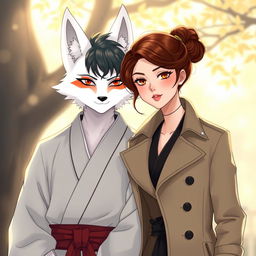 An enchanting illustration of a couple standing together, featuring a white kitsune in male human form with striking fox-like features such as pointed ears and a sly smile