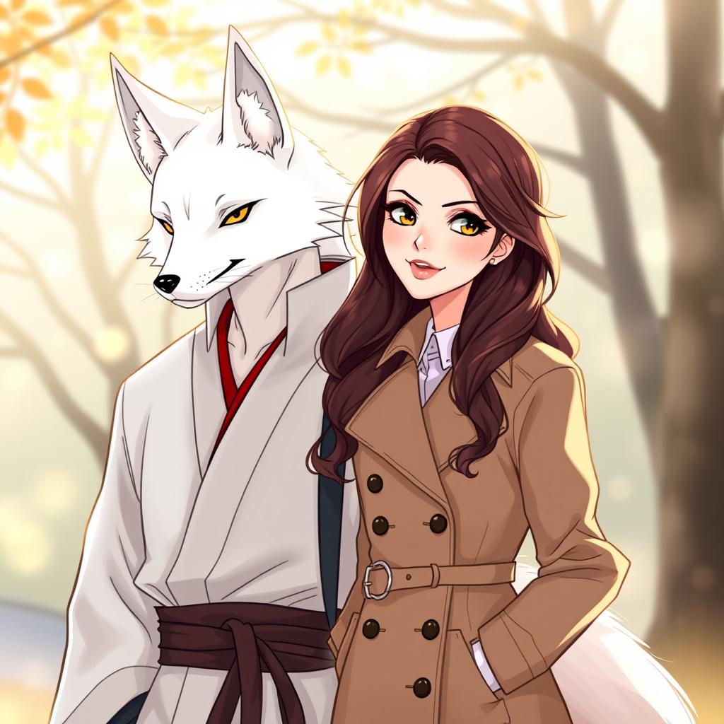 An enchanting illustration of a couple standing together, featuring a white kitsune in male human form with striking fox-like features such as pointed ears and a sly smile