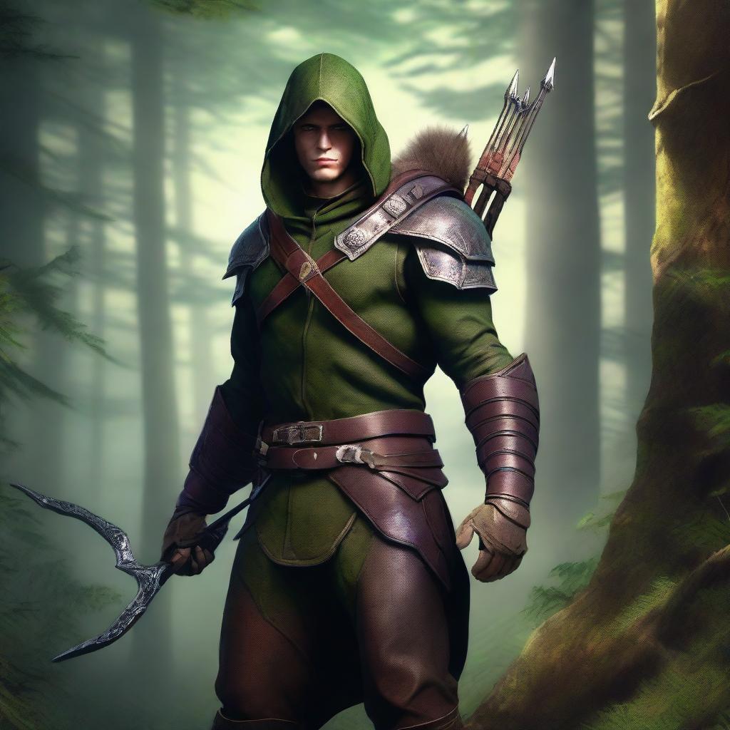 A highest quality digital art showcasing a human ranger, equipped with a longbow and leather armor, standing in a dense forest