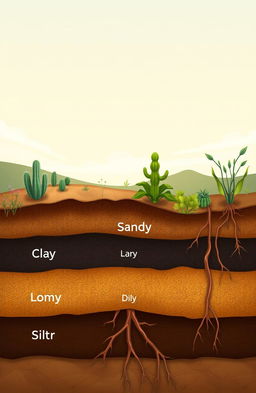 A detailed illustration depicting various soil types in a natural environment