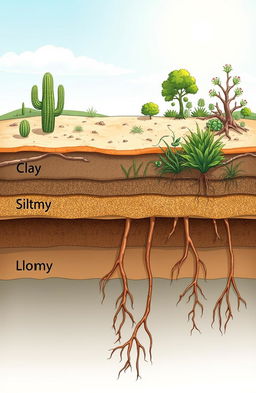 A detailed illustration depicting various soil types in a natural environment