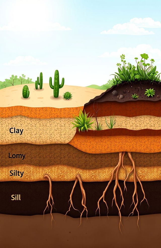 A detailed illustration depicting various soil types in a natural environment