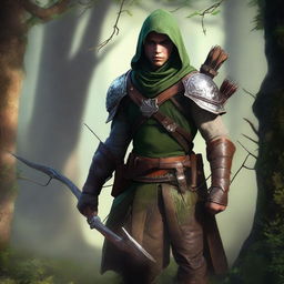 A highest quality digital art showcasing a human ranger, equipped with a longbow and leather armor, standing in a dense forest