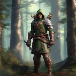 A highest quality digital art showcasing a human ranger, equipped with a longbow and leather armor, standing in a dense forest