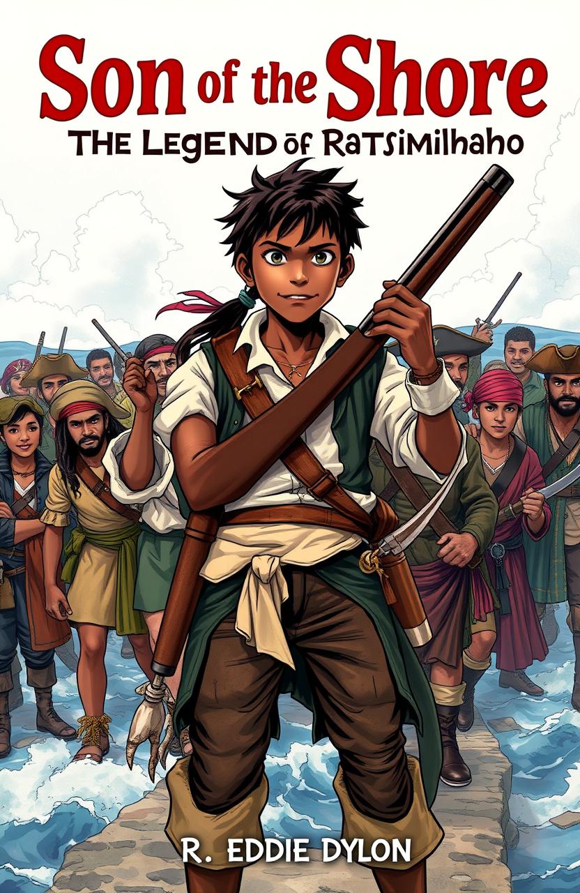 A dynamic manga cover featuring a young 18-year-old boy with black skin, embodying a mix of English and Malagasy heritage