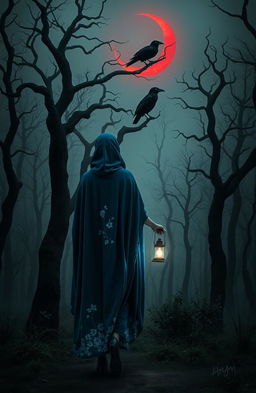 A dark and misty forest with unfamiliar trees, shrouded in shadows and mystery