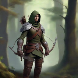 A highest quality digital art showcasing a human ranger, equipped with a longbow and leather armor, standing in a dense forest