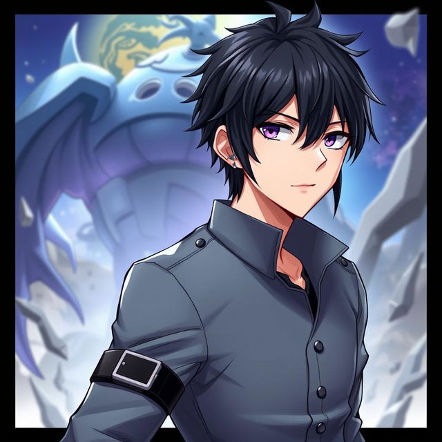 A fantasy anime-style illustration of a male character featuring striking black hair and captivating purple eyes that draw attention