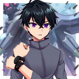 A fantasy anime-style illustration of a male character featuring striking black hair and captivating purple eyes that draw attention