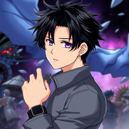 A fantasy anime-style illustration of a male character featuring striking black hair and captivating purple eyes that draw attention