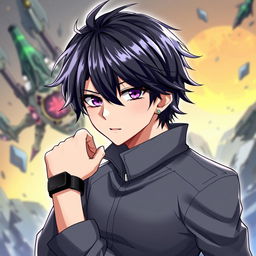 A fantasy anime-style illustration of a male character featuring striking black hair and captivating purple eyes that draw attention