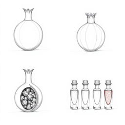 A collection of three detailed pencil sketches representing a perfume bottle design inspired by the shape of a pomegranate, with the design sectioned into three parts