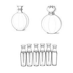 A collection of three detailed pencil sketches representing a perfume bottle design inspired by the shape of a pomegranate, with the design sectioned into three parts