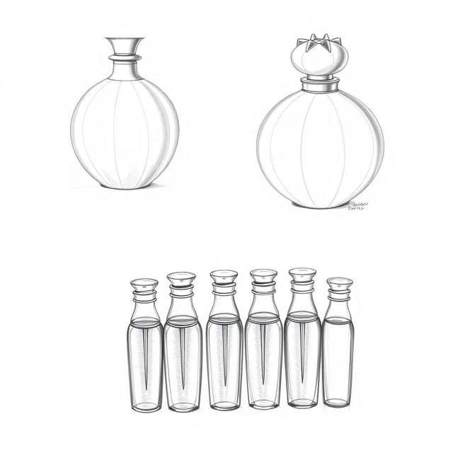 A collection of three detailed pencil sketches representing a perfume bottle design inspired by the shape of a pomegranate, with the design sectioned into three parts