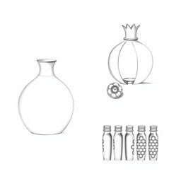 A collection of three detailed pencil sketches representing a perfume bottle design inspired by the shape of a pomegranate, with the design sectioned into three parts