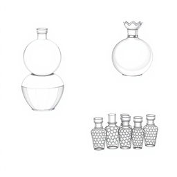 A collection of three detailed pencil sketches representing a perfume bottle design inspired by the shape of a pomegranate, with the design sectioned into three parts
