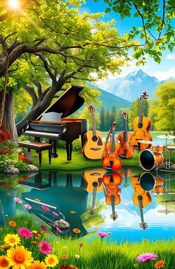 A vibrant digital painting featuring a variety of musical instruments including a grand piano, acoustic guitar, violins, and drums, all beautifully integrated into a stunning natural landscape