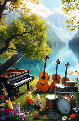 A vibrant digital painting featuring a variety of musical instruments including a grand piano, acoustic guitar, violins, and drums, all beautifully integrated into a stunning natural landscape