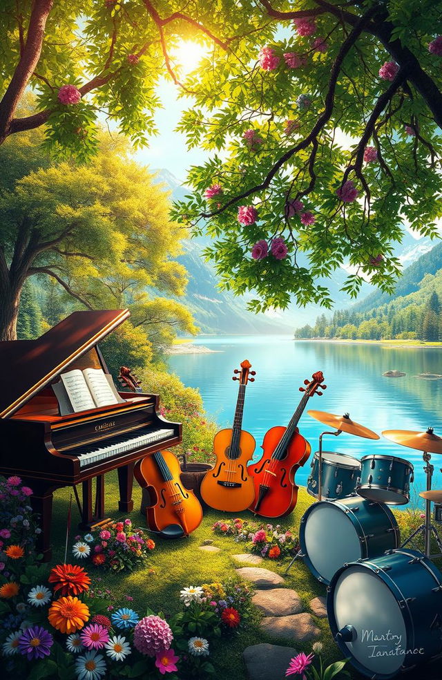 A vibrant digital painting featuring a variety of musical instruments including a grand piano, acoustic guitar, violins, and drums, all beautifully integrated into a stunning natural landscape